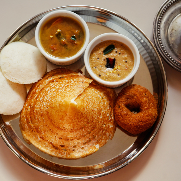 South Indian dosa with chutneys and sambar