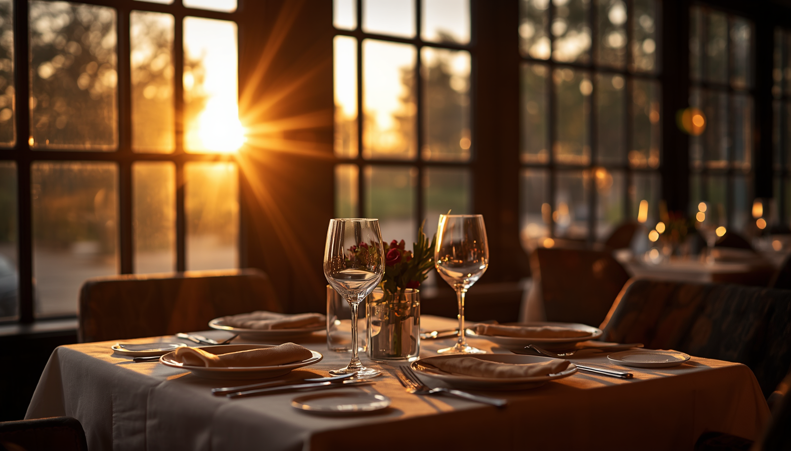 Warmly lit restaurant interior with set tables