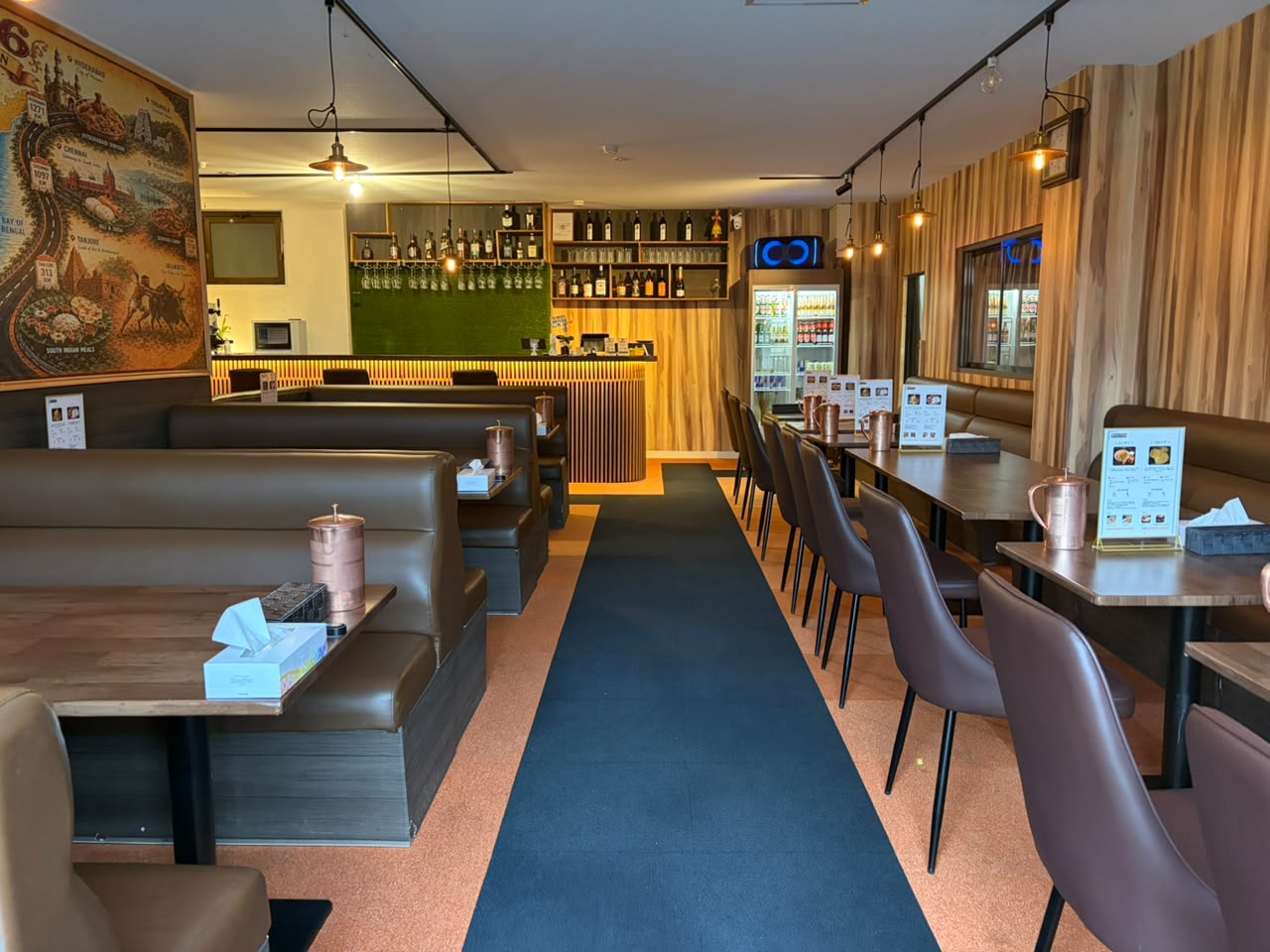 Restaurant dining room with warm lighting