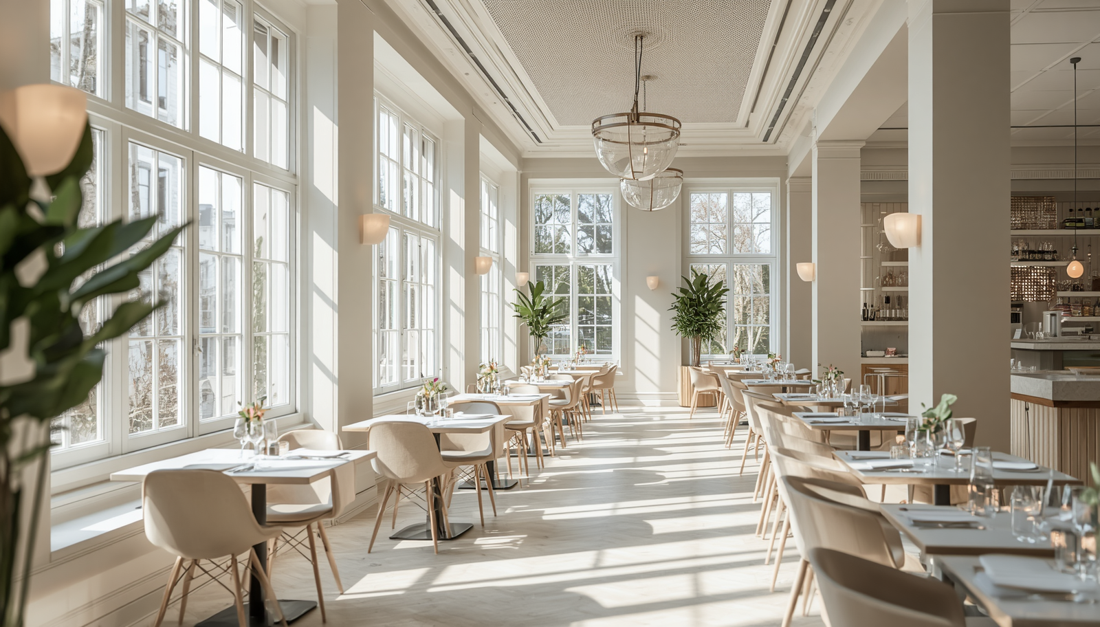 Restaurant dining room with warm lighting